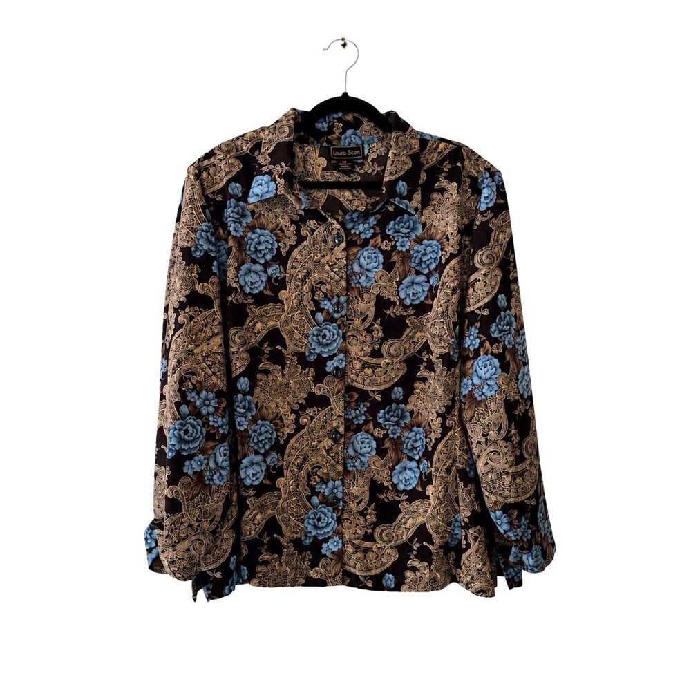 Karen Scott Size 24W Floral & Lace Print Long Sleeve Blouse Button Front